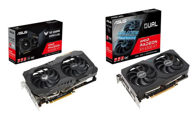  ASUS TUF Gaming 라데온 RX 6500 XT O4G D6 4GB(좌)와 ASUS DUAL 라데온 RX 6500 XT O4G D6 4GB