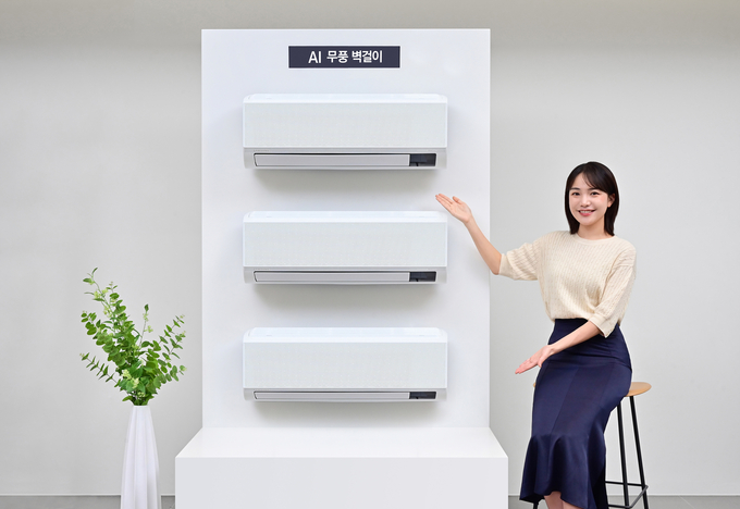 삼성전자 모델이 삼성스토어 청담점에서 ‘2024년 에너지효율개선사업 냉방 지원기기 보급사업자 선정’ 공급 모델인 ‘AI 무풍 벽걸이’를 소개하고 있다.