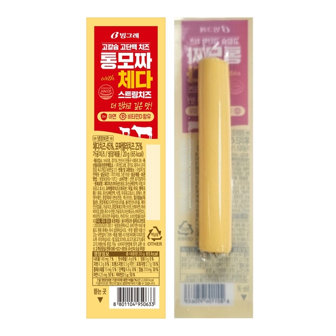 체다 함유된 고칼슘·고단백 치즈 ‘통모짜 with 체다’ 스트링치즈 출시.