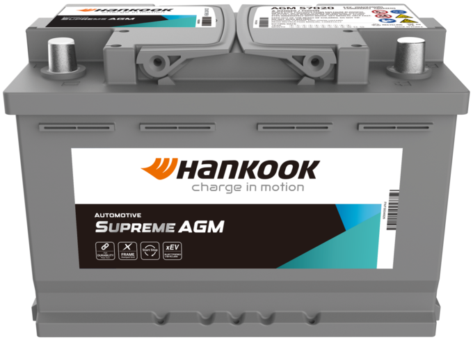 신규 BI가 적용된 한국(Hankook) 배터리 AGM 제품 이미지.